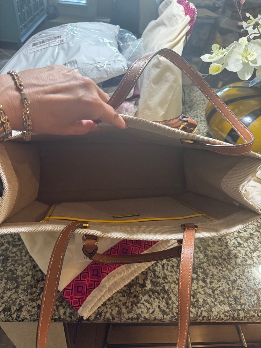 Tory Burch Cream Canvas Tote with Pink Trim and Brown Leather - Picture 4 of 5